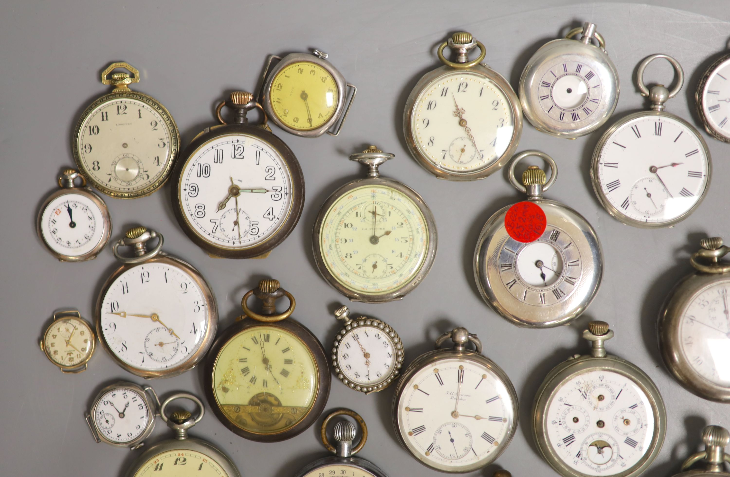 A quantity of assorted pocket, wrist and fob watches including Longines and Zenith, mainly based metal but includes silver and white metal.